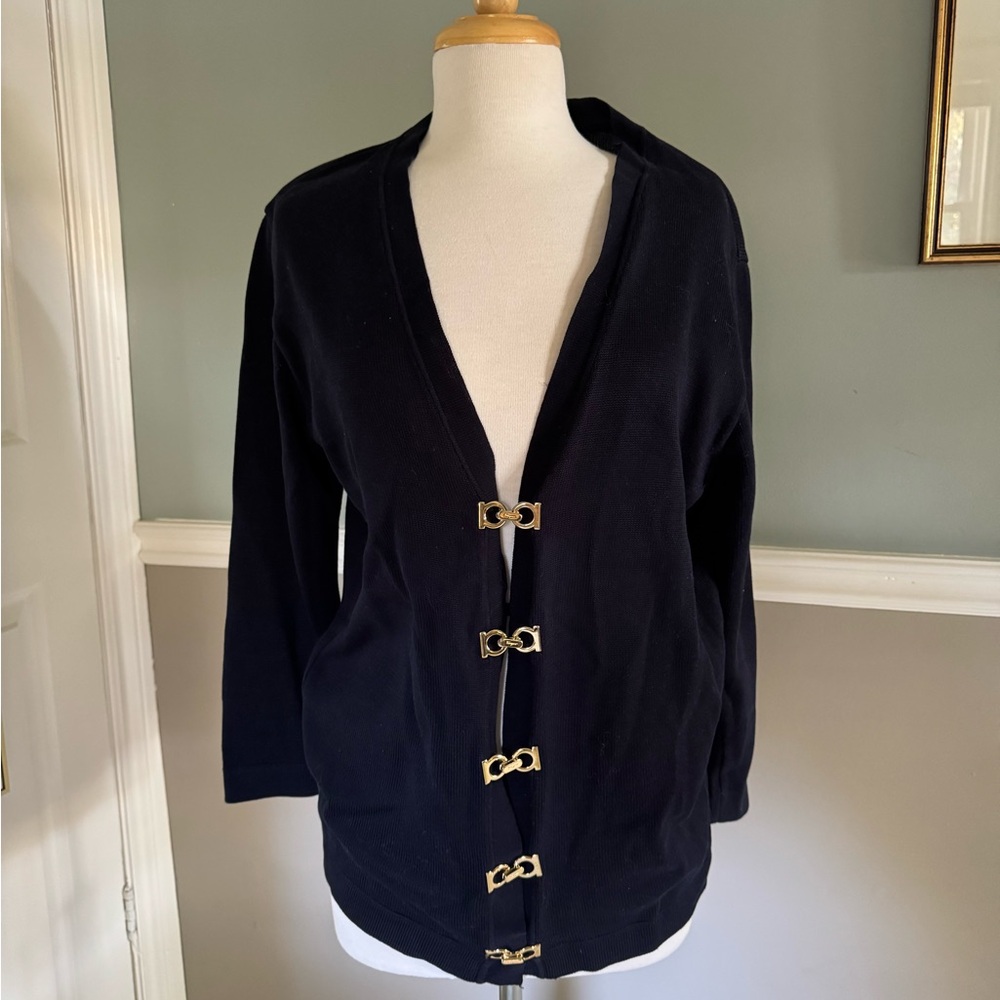 FERRAGAMO Navy Cardigan with Gold Gancini Accents